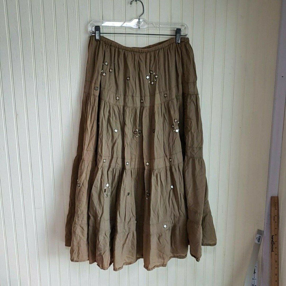 MPH Collection Skirt Womens One Size Brown Peasant Midi Sequin Embroidered